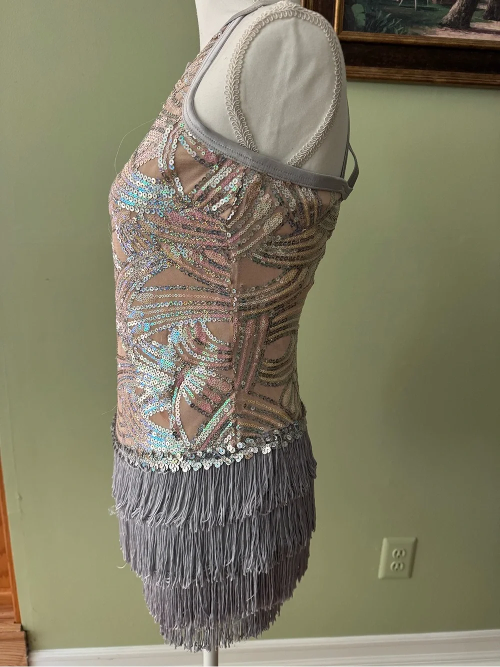Weissman Iridescent Sequin Halter Costume with Gray Fringe - sz XLC
